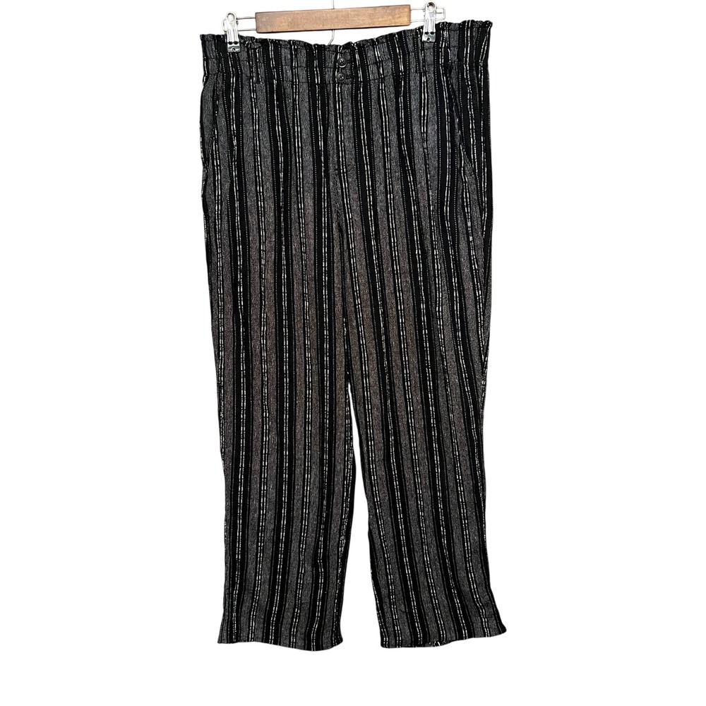 Briggs Linen Blend Wide Leg Pull-On Ankle Pant‎ Lagenlook Black Stripe Women XL